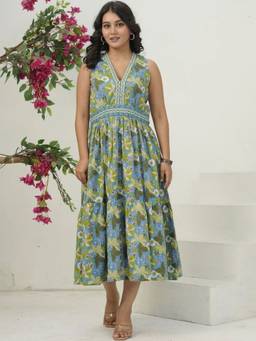 Doria Lifestyle - Blue Floral Printed Midi Dress
