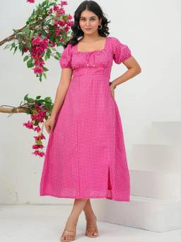 Doria Lifestyle - Pink Checked Puff Sleeve Midi Dress