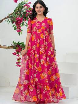 Doria Lifestyle - Pink Floral Print Ruffled Maxi Dress
