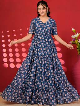 Doria Lifestyle - Blue Floral Print Georgette Maxi Dress