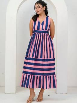 Doria Lifestyle - Multi-Color Stripes Womens Midi Dress
