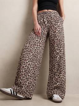 Outzidr - Brown Animal Print Wide Leg Joggers