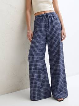 Outzidr - Navy Blue Checkered Casual Drawstring Trouser