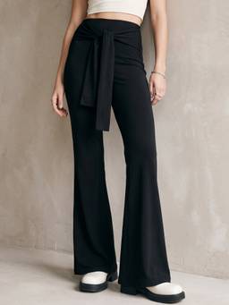 Outzidr - Black Waist Tie-Up Wide Leg Trouser