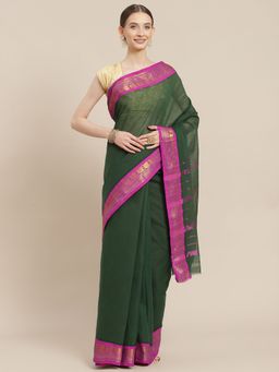 ISHIN - Womens Cotton Blend Green Solid Woven Design Saree with Unstitched Blouse