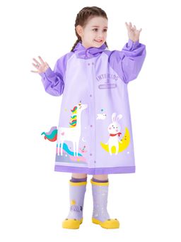 Little Surprise Box - 3D Unicorn Lilac Sleeves & Hood Knee Length Raincoat