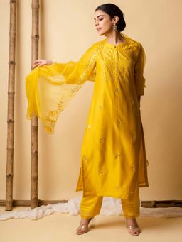 AM by Anita Mittal - Mustard Gota-Cord Kurta with Pant and Dupatta