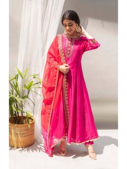 AM by Anita Mittal - Pink Dahliya Anarkali Kurta with Pant and Dupatta