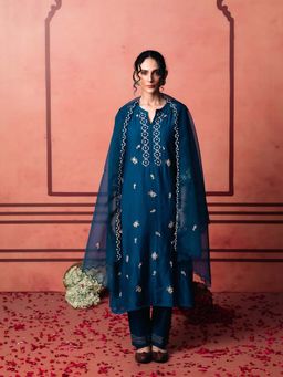 AM by Anita Mittal - Blue Chanderi Niva Kurta with Pant and Dupatta
