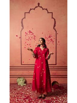 AM by Anita Mittal - Red Chanderi Niva Kurta with Pant and Dupatta