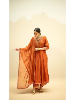 AM by Anita Mittal - Rust Cotton Taarini Kurta with Pant and Dupatta