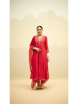 AM by Anita Mittal - Red Cotton Taarini Kurta with Pant and Dupatta