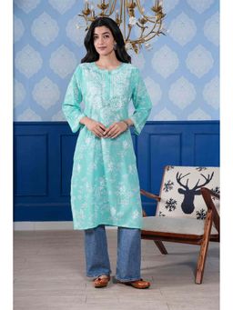ILLICA - Round Neck Chikankari Long Kurta - Aqua Blue
