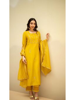 AM by Anita Mittal - Yellow Chandini Kurta with Pant and Dupatta