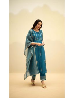 AM by Anita Mittal - Teal Chanderi Chandini Kurta with Pant and Dupatta