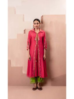 AM by Anita Mittal - Pink Chanderi Tara Jacket Inner with Jacket and Pant