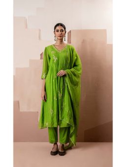 AM by Anita Mittal - Green Gul A-Line Kurta with Pant and Dupatta