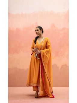 AM by Anita Mittal - Yellow Sitara A-Line Kurta with Pant and Dupatta