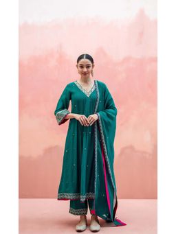 AM by Anita Mittal - Teal Sitara A-Line Kurta with Pant and Dupatta