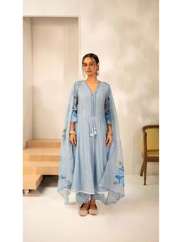 AM by Anita Mittal - Blue Chanderi Zoya Anarkali Kurta with Pant and Dupatta