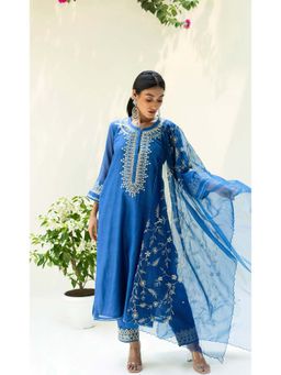 AM by Anita Mittal - Blue Cotton Dastak Kurta with Pant and Dupatta