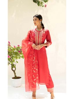 AM by Anita Mittal - Red Cotton Dastak Kurta with Pant and Dupatta