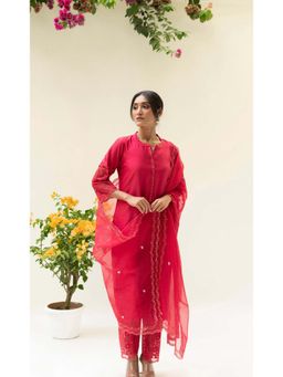 AM by Anita Mittal - Red Silk Reverse Applique Kurta with Pant and Dupatta