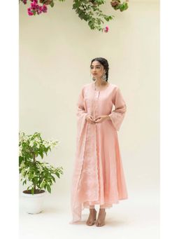 AM by Anita Mittal - Pink Silk Reverse Applique Anarkali Kurta with Pant and Dupatta