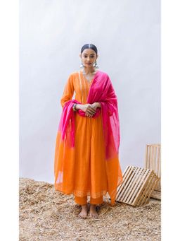AM by Anita Mittal - Orange Mul Aqsa A-Line Kurta with Pant and Dupatta