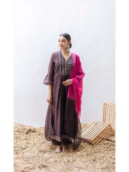 AM by Anita Mittal - Brown Mul Aqsa A-Line Kurta with Pant and Dupatta
