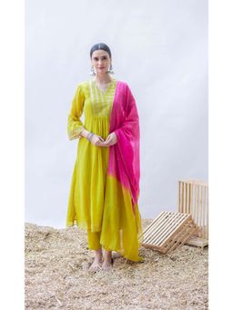 AM by Anita Mittal - Yellow Mul Aqsa A-Line Kurta with Pant and Dupatta