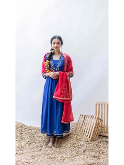 AM by Anita Mittal - Blue Mul Leila A-Line Kurta with Pant and Dupatta