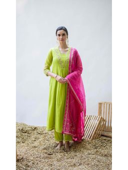 AM by Anita Mittal - Green Mul Leila A-Line Kurta with Pant and Dupatta