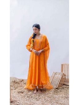 AM by Anita Mittal - Orange Pure Cotton Yara A-Line Kurta with Pant and Dupatta