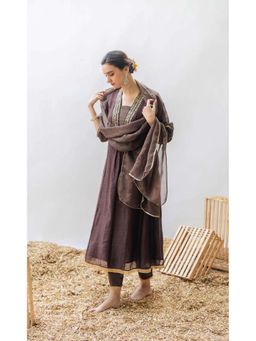 AM by Anita Mittal - Brown Pure Cotton Yara A-Line Kurta with Pant and Dupatta