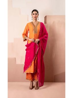 AM by Anita Mittal - Orange Cotton Sunehri A-Line Anarkali Kurta with Pant and Dupatta