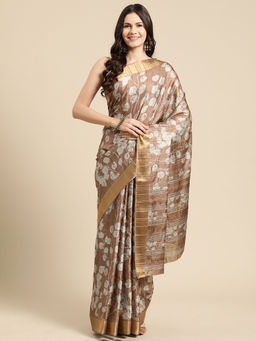 Silk Land - Brown Floral Print Soft Silk Zari Saree with Unstitched Blouse