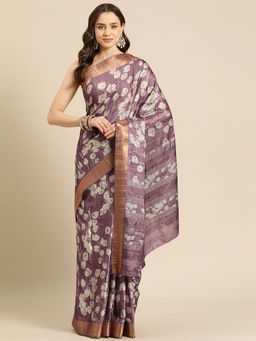 Silk Land - Purple Floral Print Soft Silk Zari Saree with Unstitched Blouse