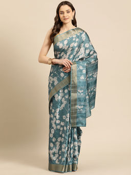 Silk Land - Teal Floral Print Soft Silk Zari Saree with Unstitched Blouse