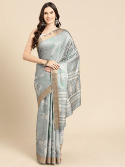 Silk Land - Grey Soft Silk Digital Floral Printed Zari Border Saree with Unstitched Blouse