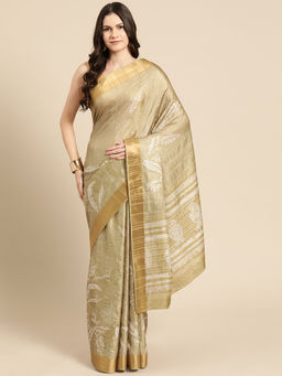 Silk Land - Olive Soft Silk Digital Floral Printed Zari Border Saree with Unstitched Blouse