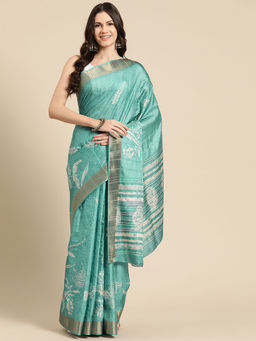 Silk Land - Teal Soft Silk Digital Floral Printed Zari Border Saree with Unstitched Blouse