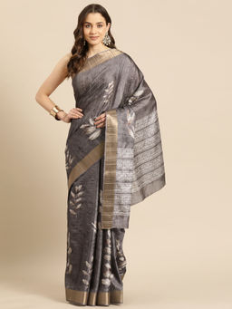 Silk Land - Charcoal Soft Silk Floral Printed Zari Border Saree with Unstitched Blouse