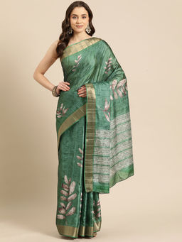 Silk Land - Green Soft Silk Floral Printed Zari Border Saree with Unstitched Blouse