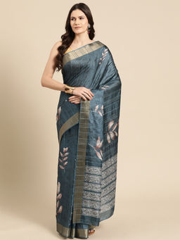 Silk Land - Teal Soft Silk Floral Printed Zari Border Saree with Unstitched Blouse