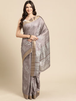 Silk Land - Brown Soft Silk Floral Printed Zari Border Saree with Unstitched Blouse
