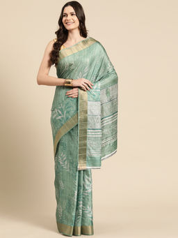 Silk Land - Green Soft Silk Floral Printed Zari Border Saree with Unstitched Blouse