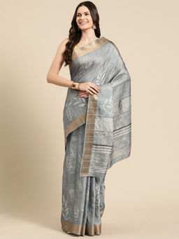 Silk Land - Grey Soft Silk Floral Printed Zari Border Saree with Unstitched Blouse