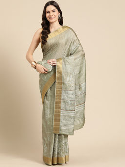 Silk Land - Olive Soft Silk Floral Printed Zari Border Saree with Unstitched Blouse