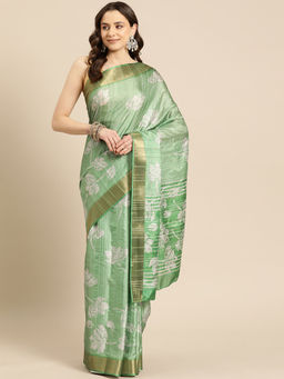 Silk Land - Green Soft Silk Digital Floral Printed Zari Border Saree with Unstitched Blouse